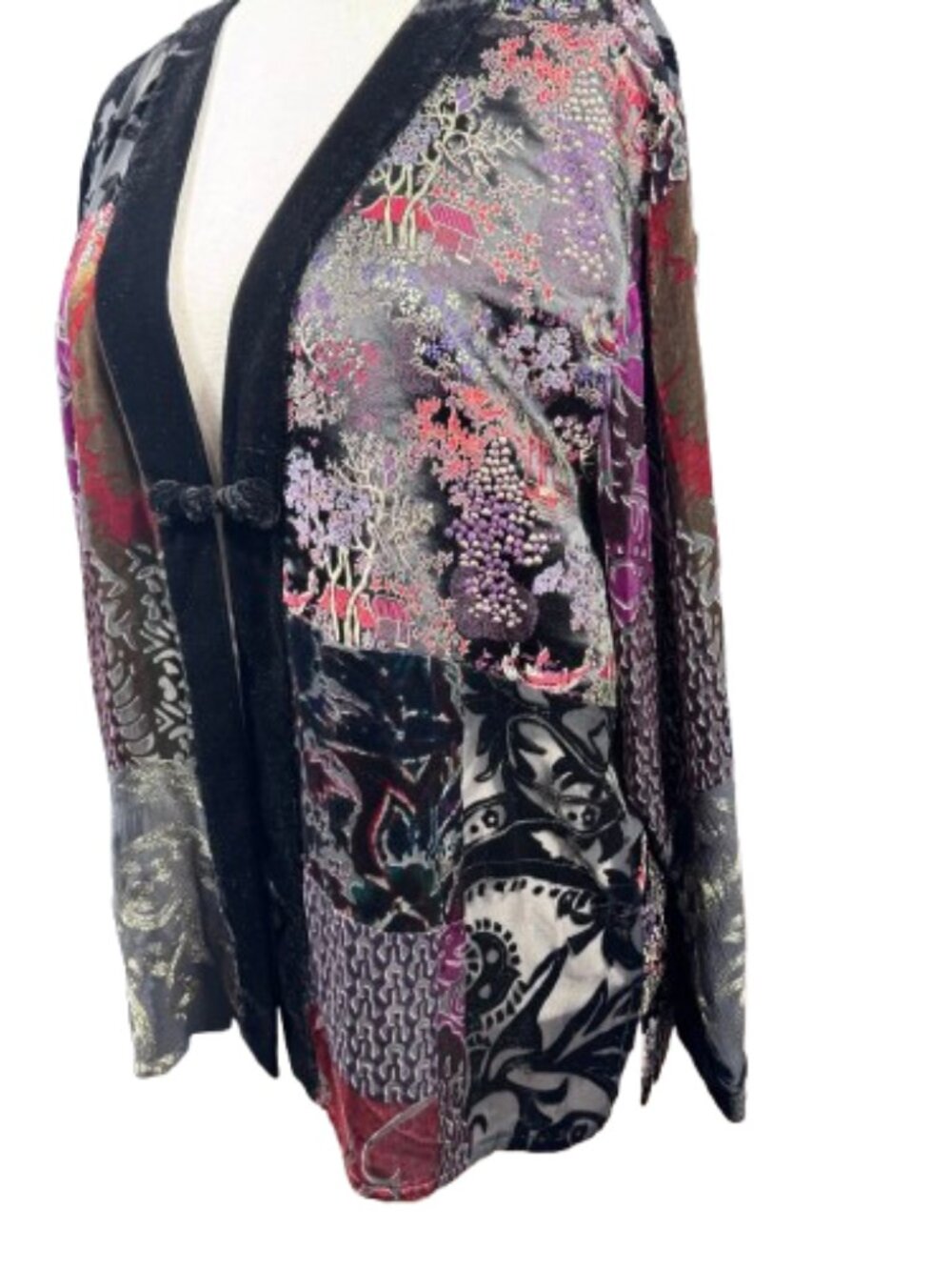 VTG Chico's Burnout Velvet Velour Silk Blend Patchwork Kimono Jacket (Size 3) - Picture 4 of 16